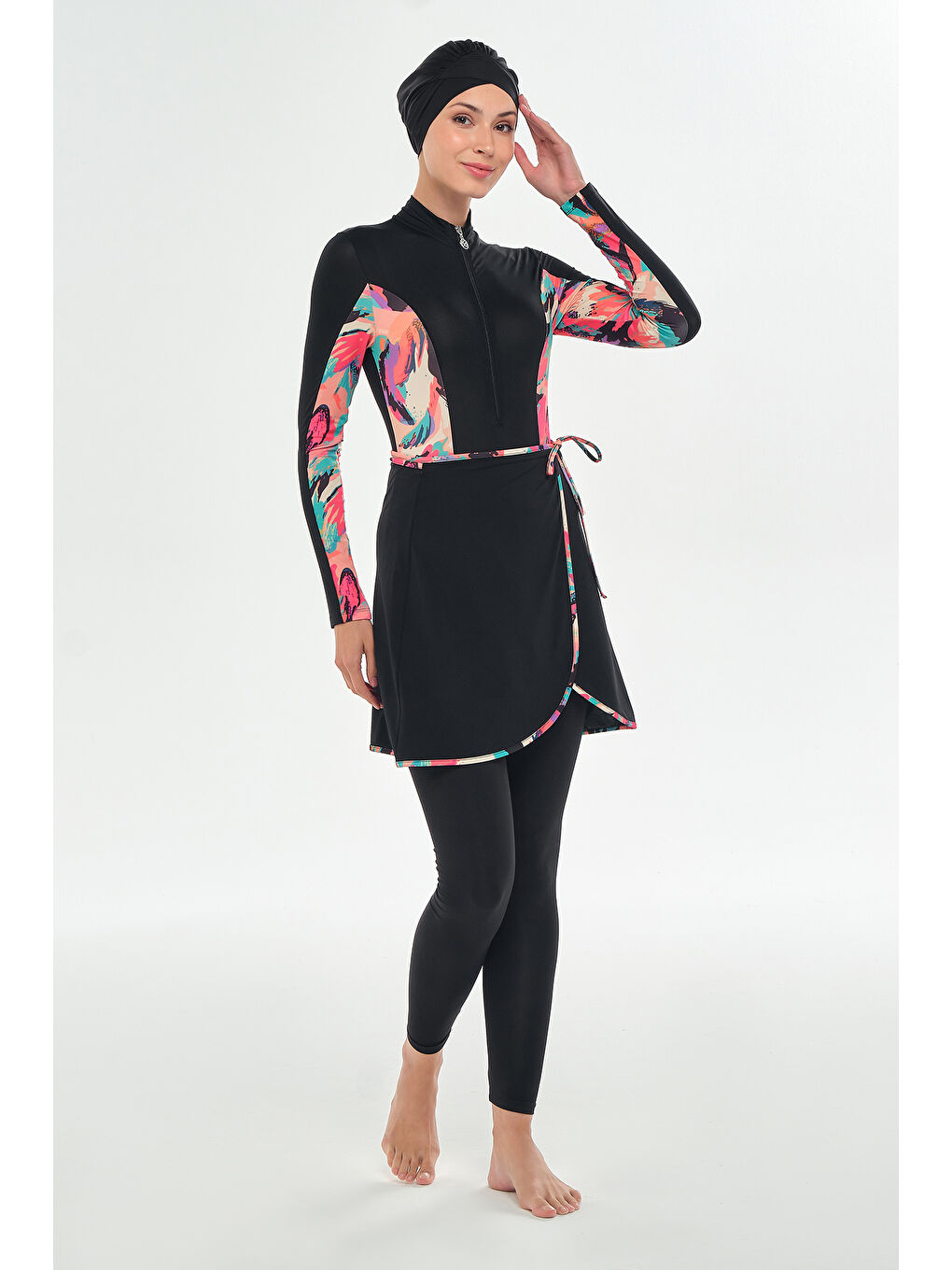 3 Farklı Şekilde Giyilebilir Elastanlı Etekli Tesettür Mayo Dora 2111 Siyah-1