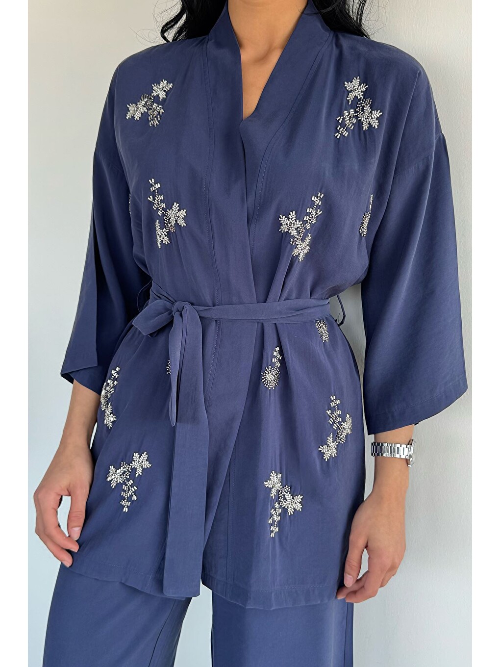 İndigo Taşlı Kimono Pantolon İkili Takım-2