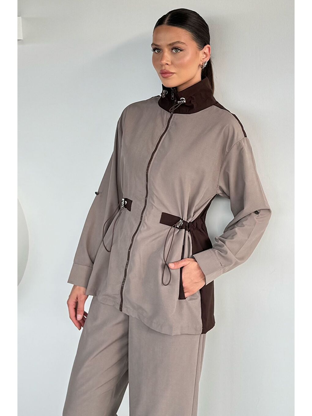 Bej Kadın Bel Lastikli Fermuarlı Ceket Pantolon İkili Takım-2