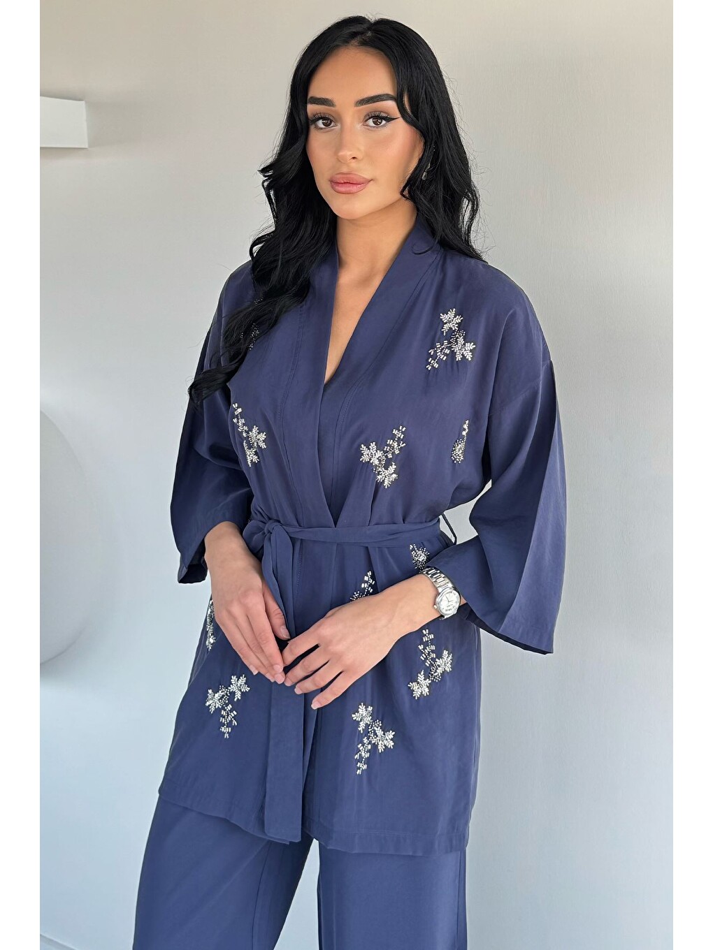 İndigo Taşlı Kimono Pantolon İkili Takım-3