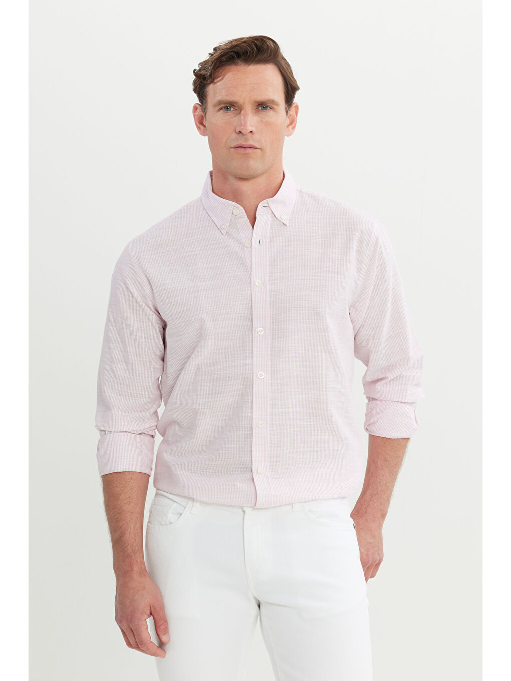 Pembe Erkek TOZ PEMBE %100 Pamuk Comfort Fit Rahat Kesim Düğmeli Yaka Çizgili Gömlek