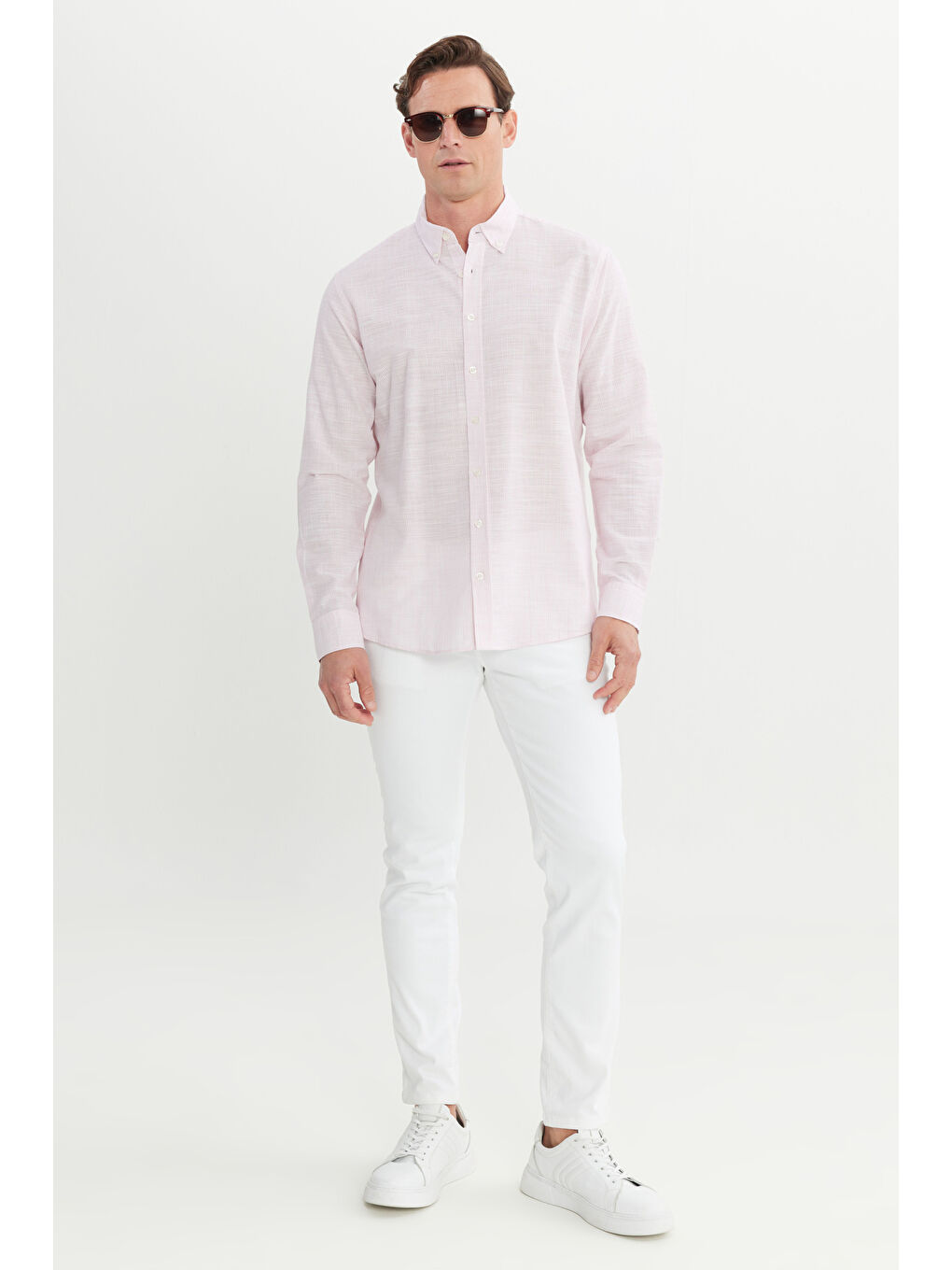 Pembe Erkek TOZ PEMBE %100 Pamuk Comfort Fit Rahat Kesim Düğmeli Yaka Çizgili Gömlek-1