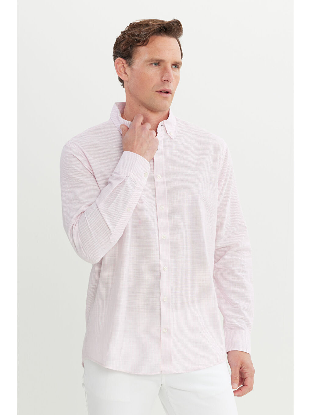 Pembe Erkek TOZ PEMBE %100 Pamuk Comfort Fit Rahat Kesim Düğmeli Yaka Çizgili Gömlek-2