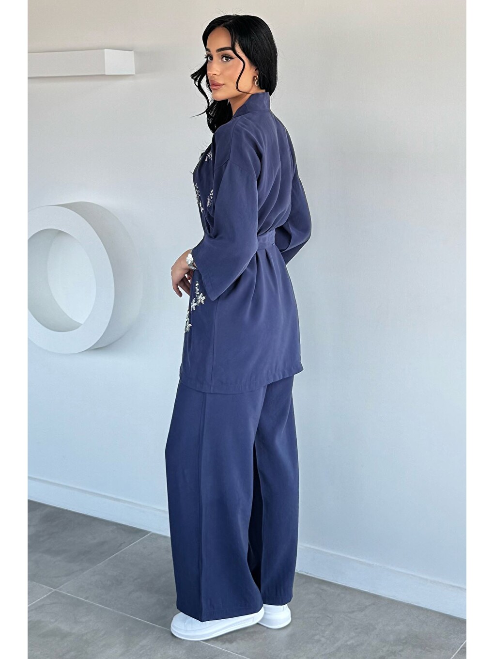 İndigo Taşlı Kimono Pantolon İkili Takım-4
