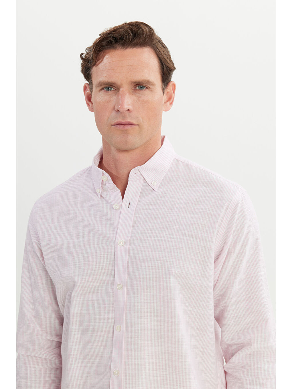 Pembe Erkek TOZ PEMBE %100 Pamuk Comfort Fit Rahat Kesim Düğmeli Yaka Çizgili Gömlek-3