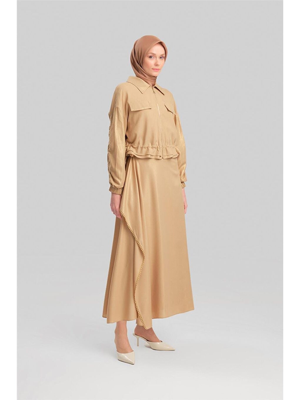 Kahverengi Simli Viskon Etek 24Y1626 Camel-1