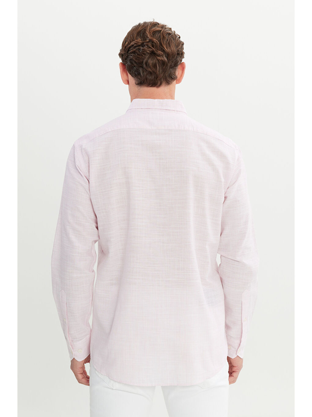 Pembe Erkek TOZ PEMBE %100 Pamuk Comfort Fit Rahat Kesim Düğmeli Yaka Çizgili Gömlek-4