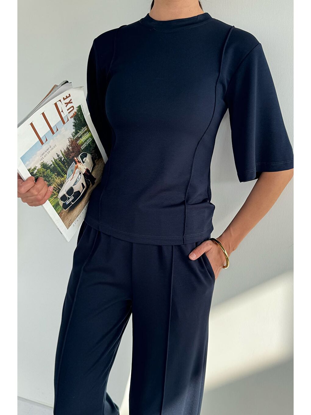 Lacivert Kadın Bisiklet Yaka Biyeli Tişört Bel Lastikli Pantolon İkili Takım-3