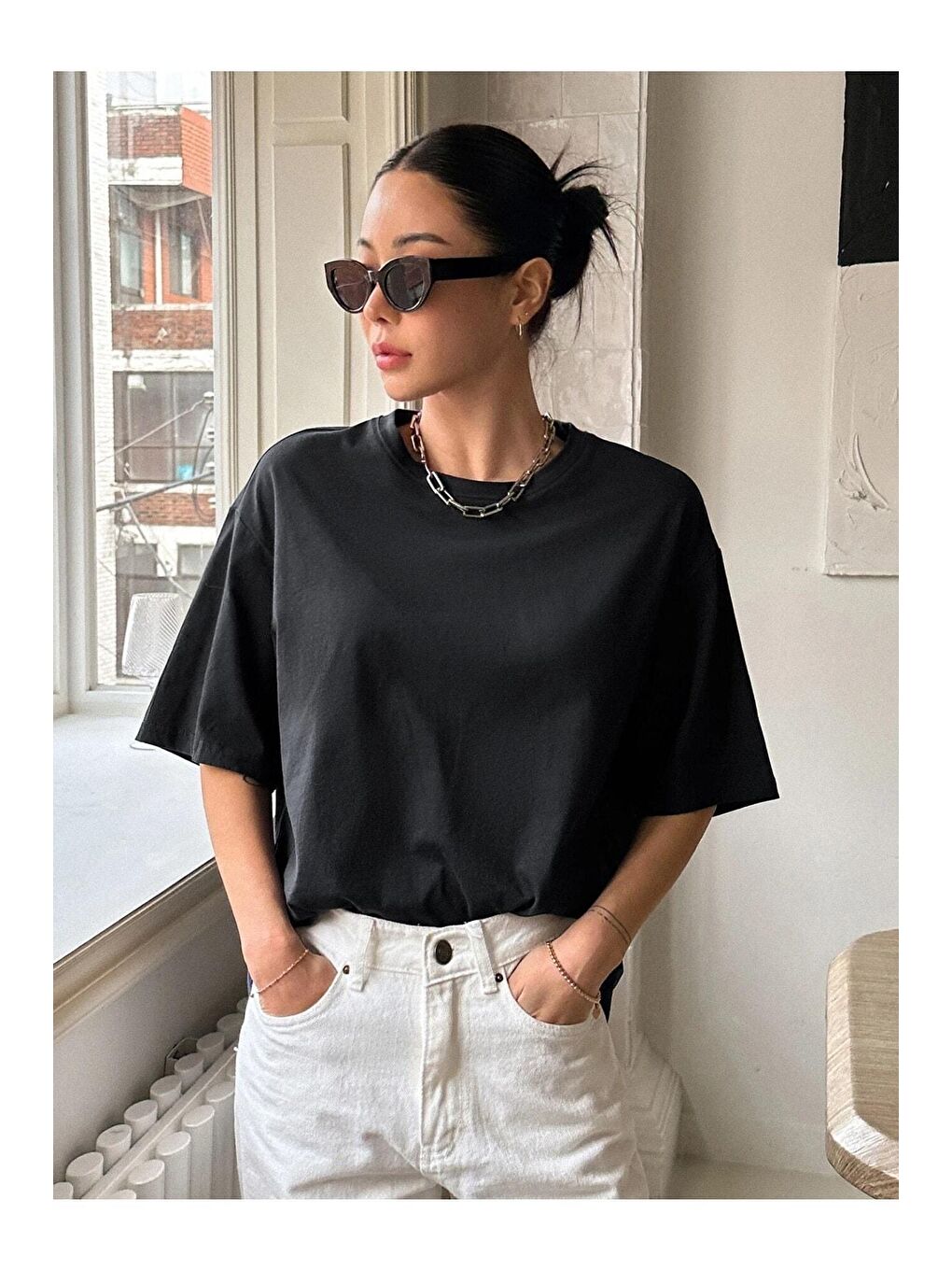 Trendseninle Siyah Kadın Siyah Kind Hearted Baskılı Oversize Tişört