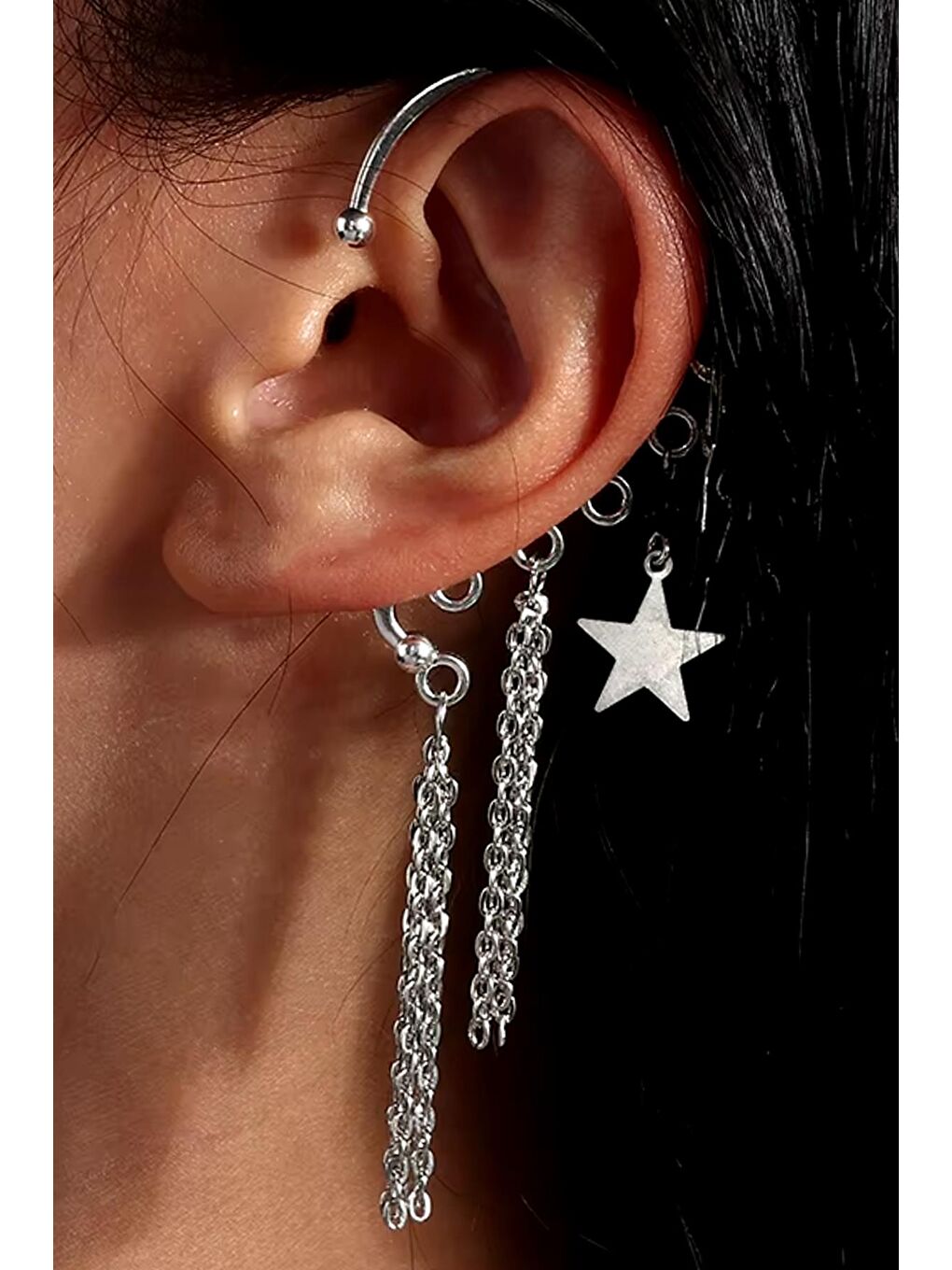 New Obsessions Gri Gümüş Yıldız Detaylı Kulak Deliği Gerektirmeyen  Renkli Ear Cuff - Kıkırdak Küpesi