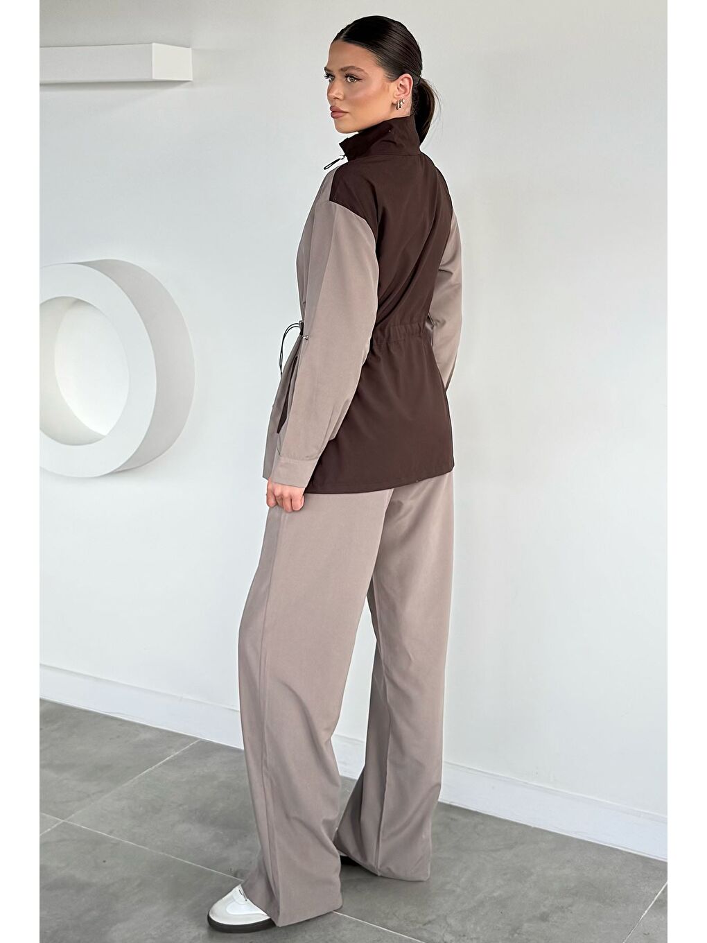 Bej Kadın Bel Lastikli Fermuarlı Ceket Pantolon İkili Takım-5