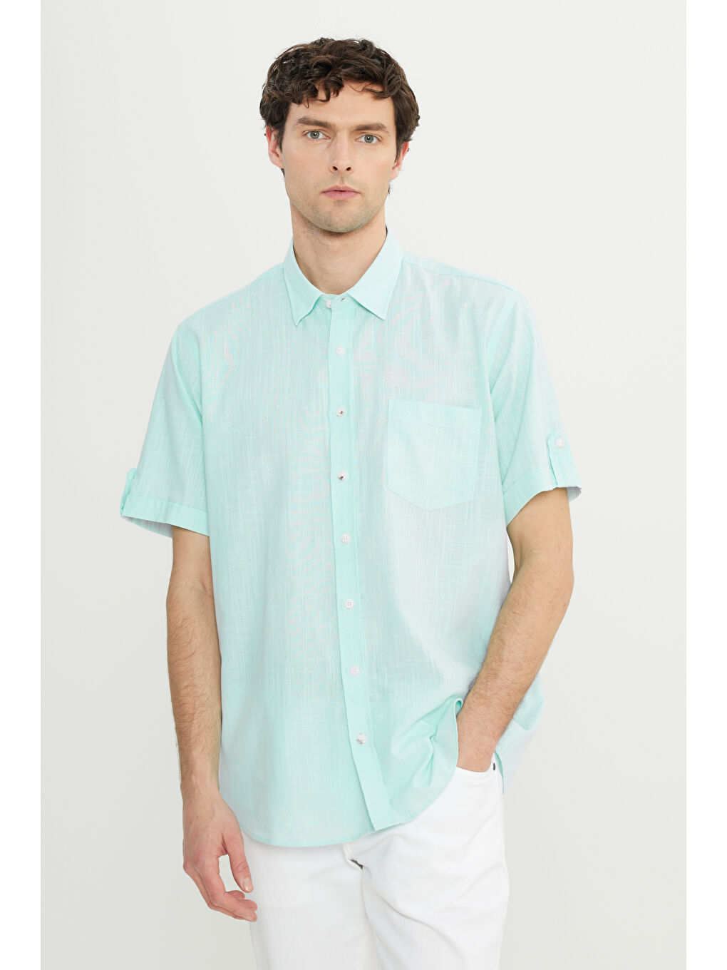 Mavi Erkek Mint Comfort Fit Rahat Kesim Gizli Düğmeli Yaka Keten Görünümlü %100 Pamuk Flamlı Gömlek