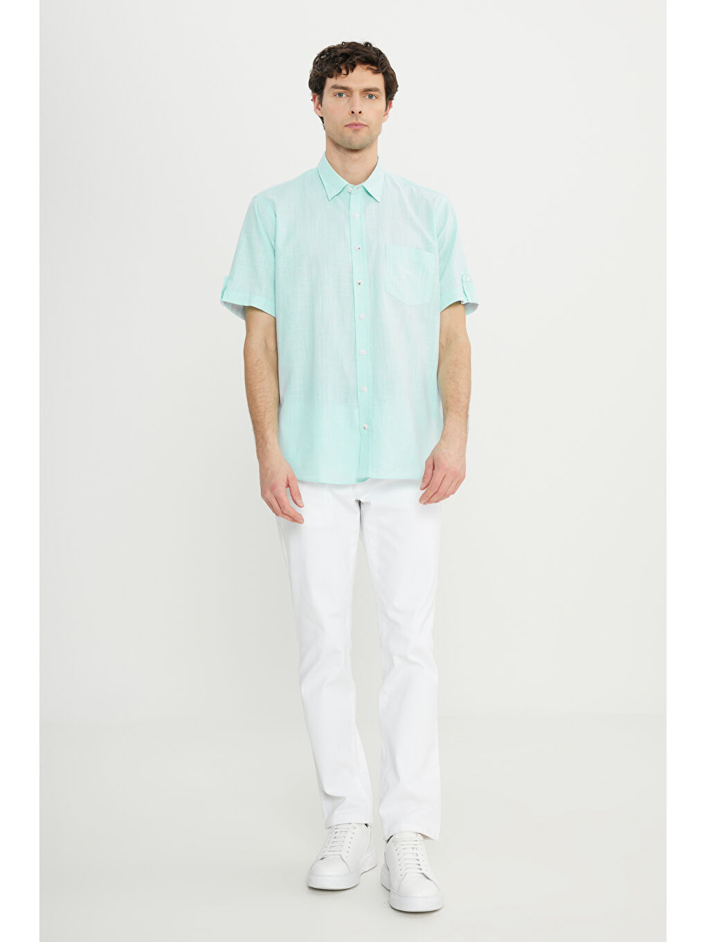 Mavi Erkek Mint Comfort Fit Rahat Kesim Gizli Düğmeli Yaka Keten Görünümlü %100 Pamuk Flamlı Gömlek-1