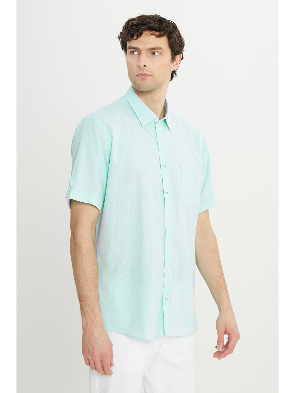 Mavi Erkek Mint Comfort Fit Rahat Kesim Gizli Düğmeli Yaka Keten Görünümlü %100 Pamuk Flamlı Gömlek-2