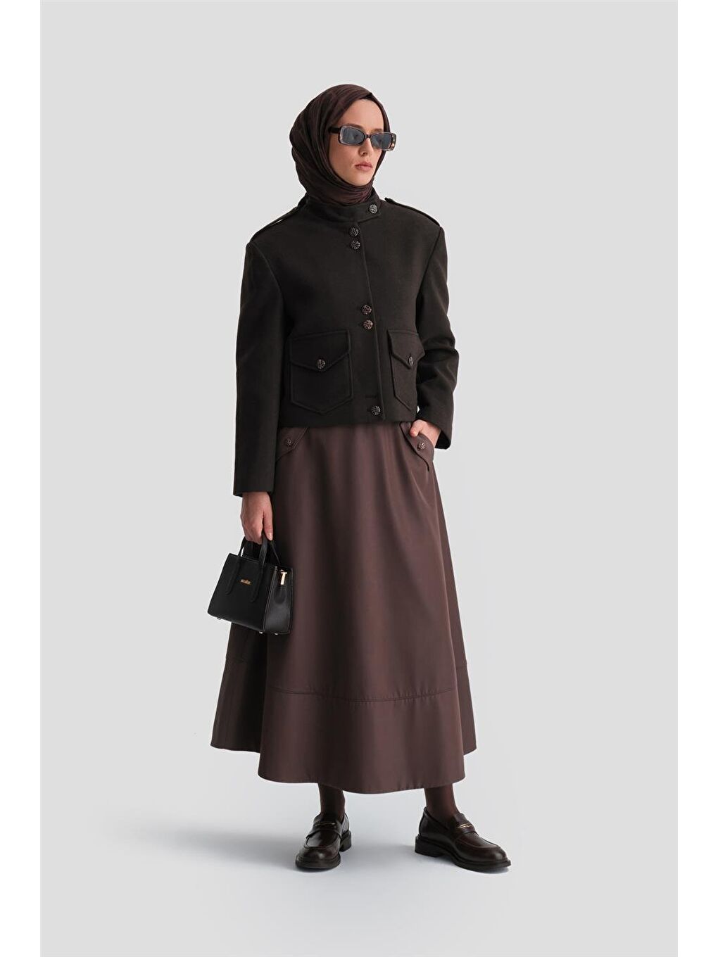 Kahverengi Kalın Dikişli Kloş Etek 24K1712 Acı Kahve-1