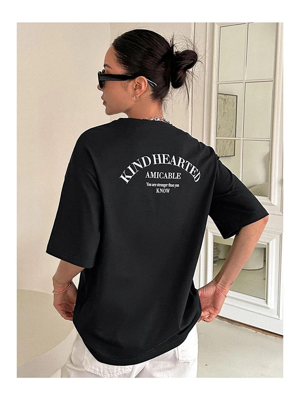 Trendseninle Siyah Kadın Siyah Kind Hearted Baskılı Oversize Tişört - 2