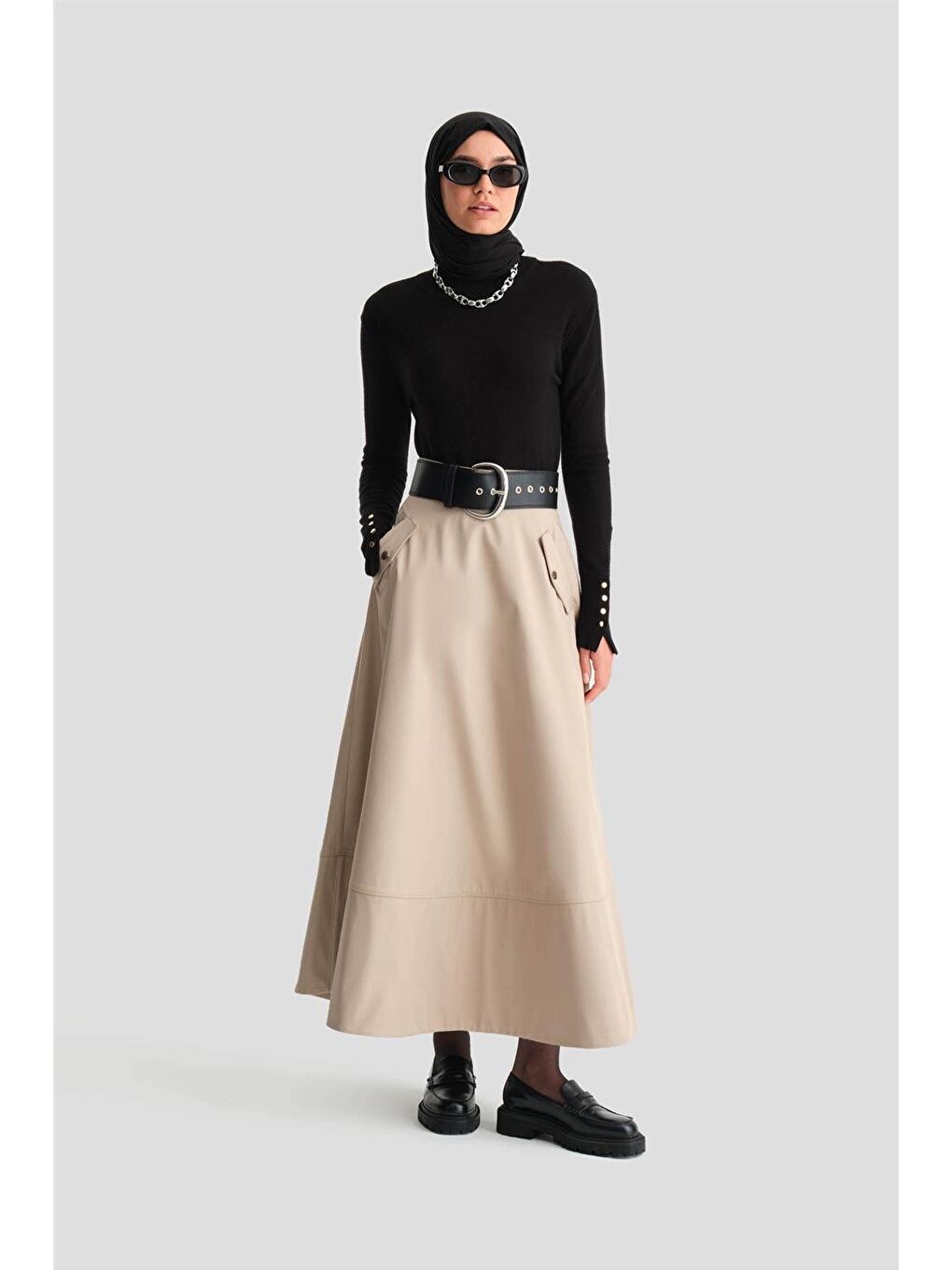 Bej Kalın Dikişli Kloş Etek 24K1712 Taş-1