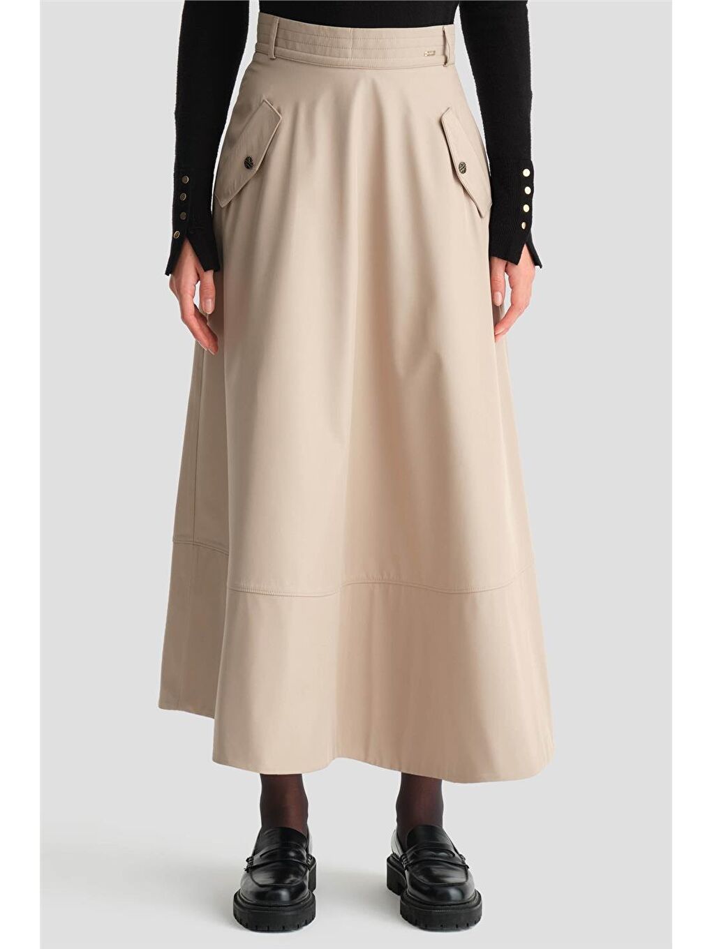 Bej Kalın Dikişli Kloş Etek 24K1712 Taş-2