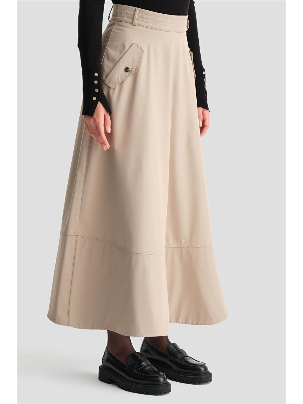 Bej Kalın Dikişli Kloş Etek 24K1712 Taş-3