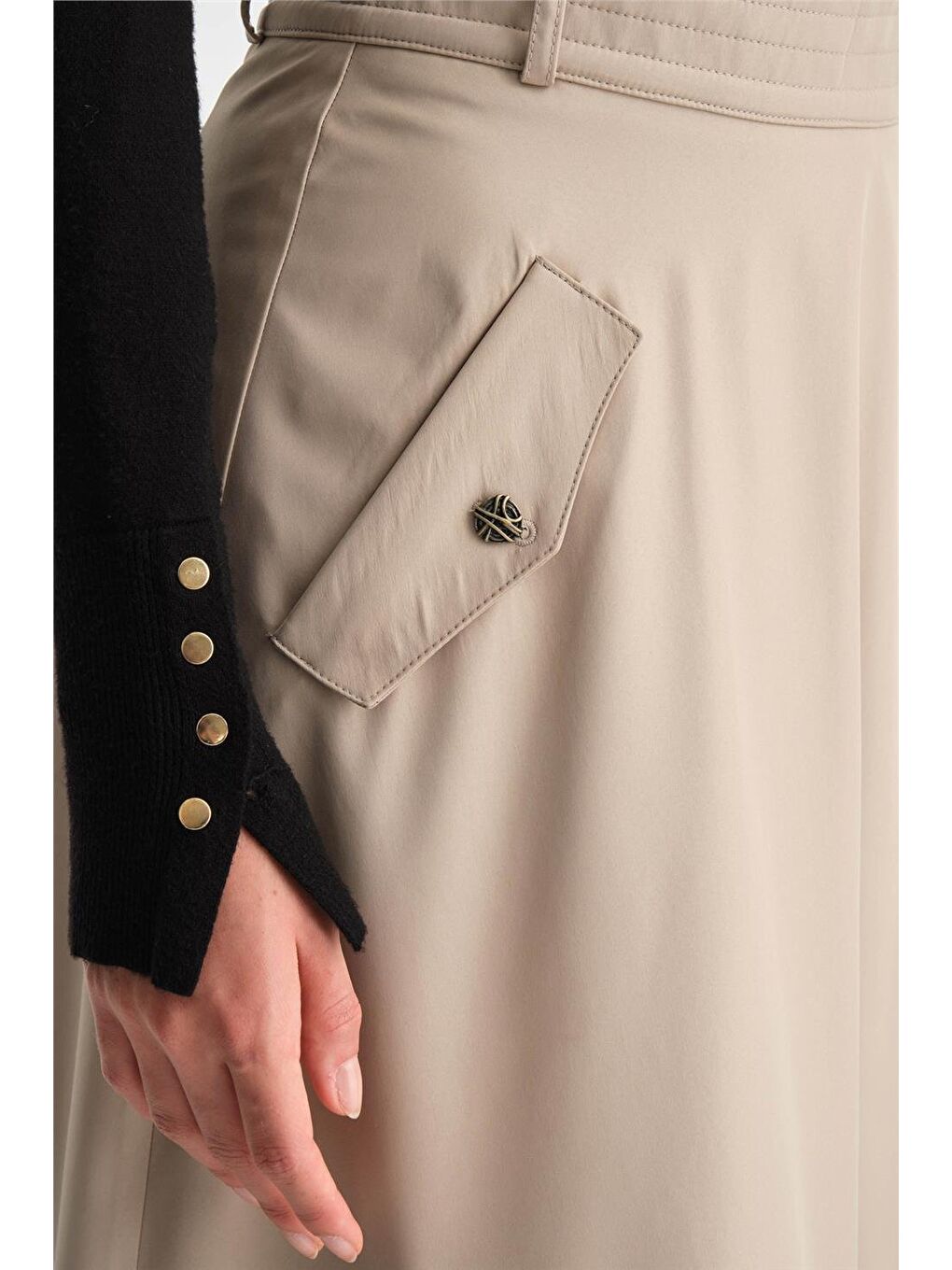 Bej Kalın Dikişli Kloş Etek 24K1712 Taş-4