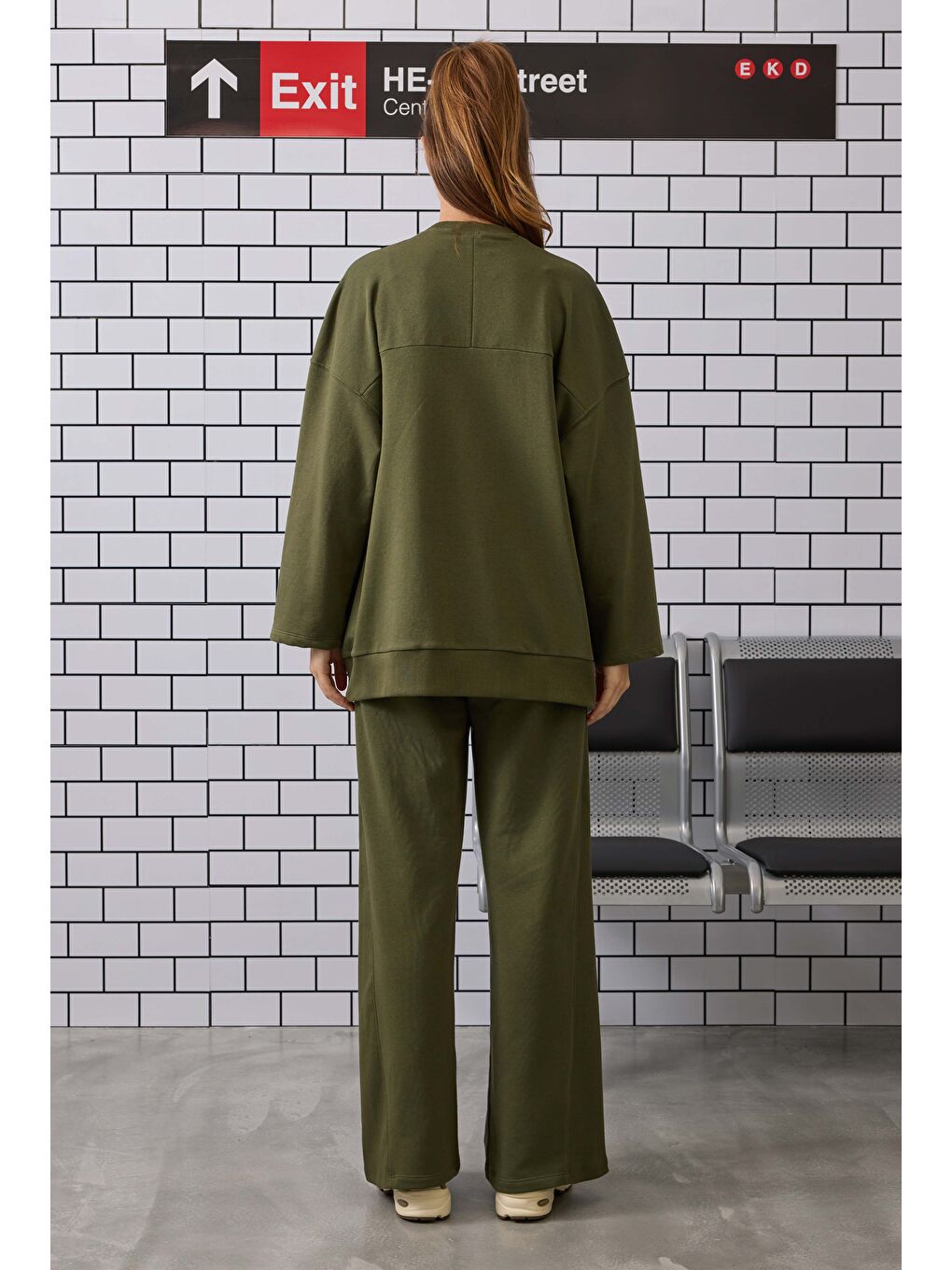 Ribanalı Rahat Kesim Sweatshirt Yosun Yeşili-2