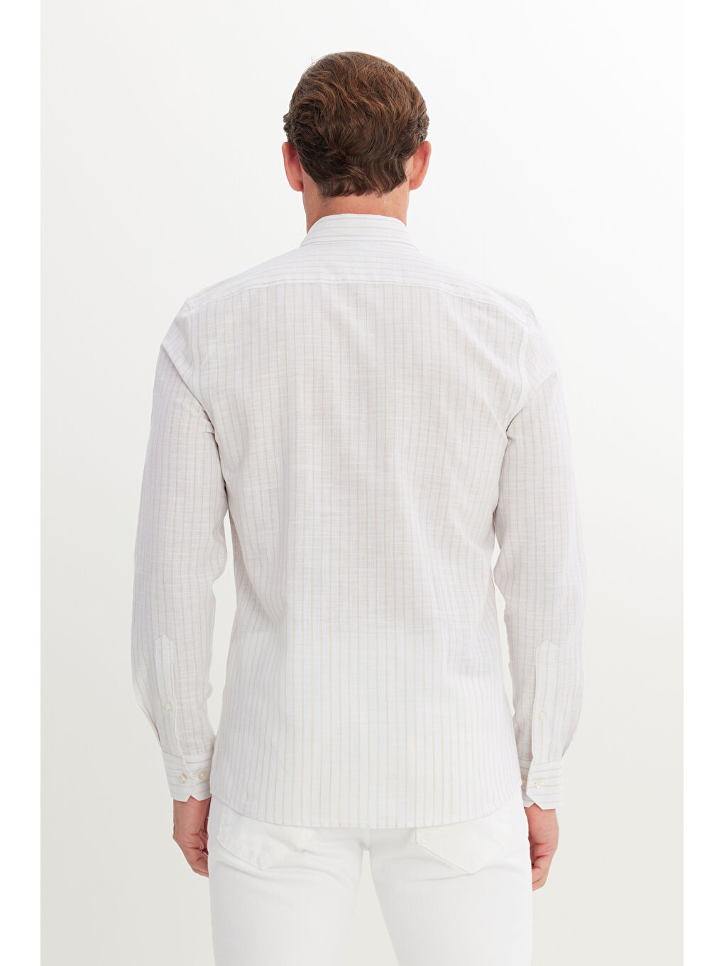 Erkek Bej %100 Pamuk Slim Fit Dar Kesim Düğmeli Yaka Armürlü Gömlek-4