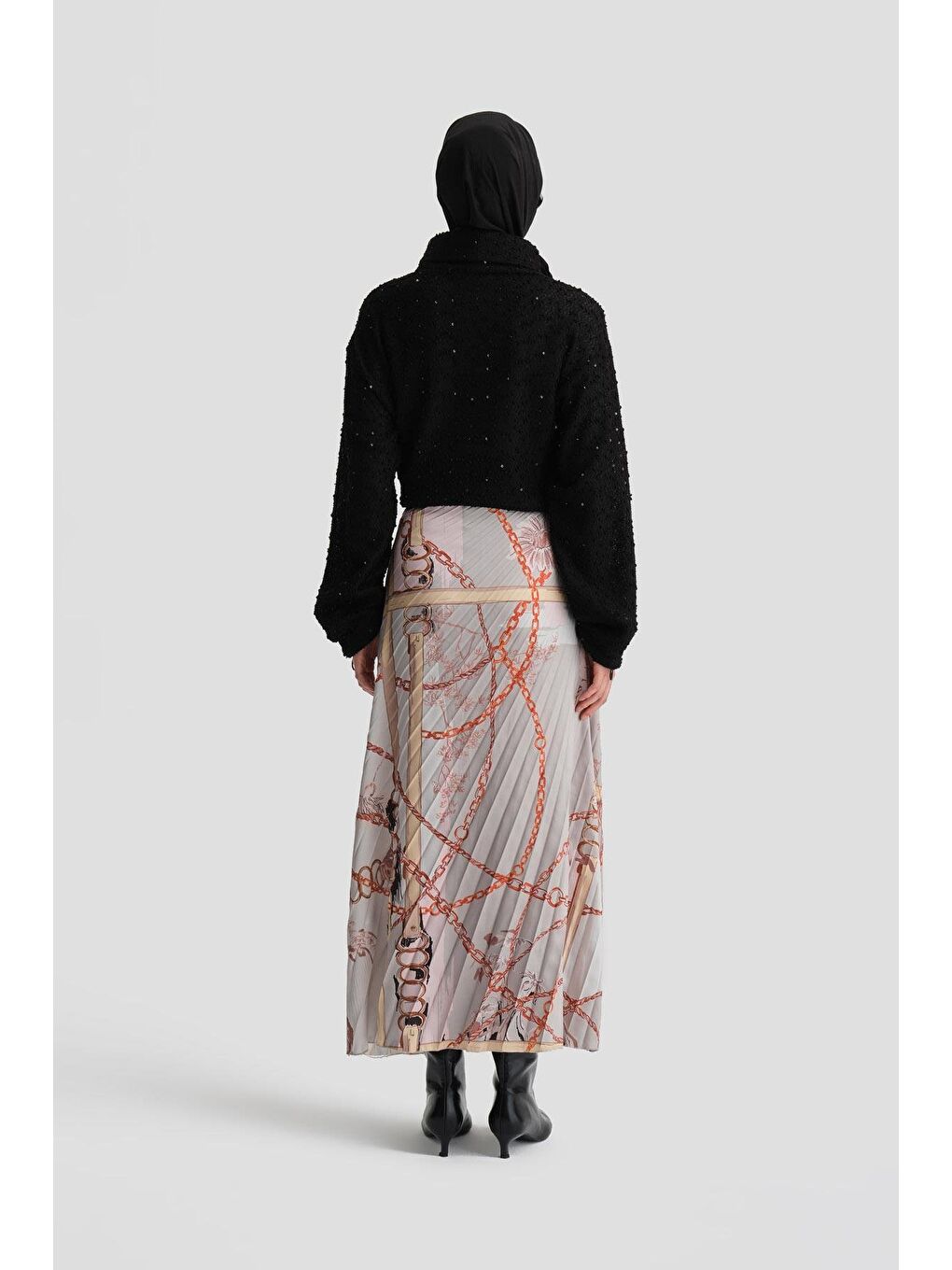 Bej Dikey Büzgülü Desenli Etek 24K1711 Vizon-2