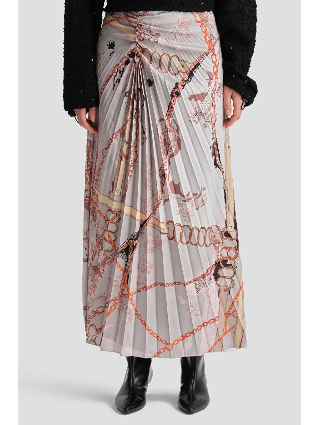 Bej Dikey Büzgülü Desenli Etek 24K1711 Vizon-3