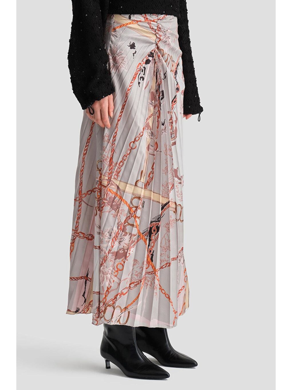 Bej Dikey Büzgülü Desenli Etek 24K1711 Vizon-4