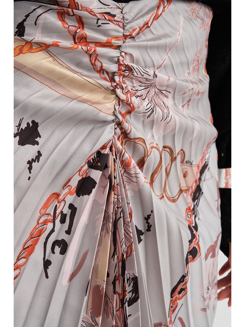 Bej Dikey Büzgülü Desenli Etek 24K1711 Vizon-5