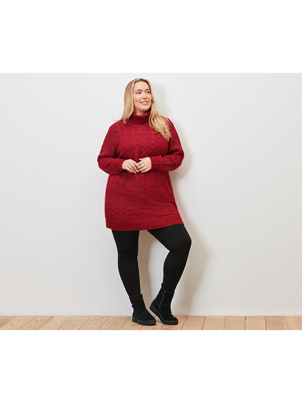 Kadın Kazak, Uzun, Saç Örgü, Kırmızı-2