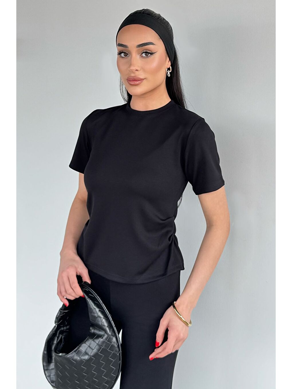 Siyah Kadın Yan Büzgülü Bluz Bol Paça Pantolon İkili Takım-2