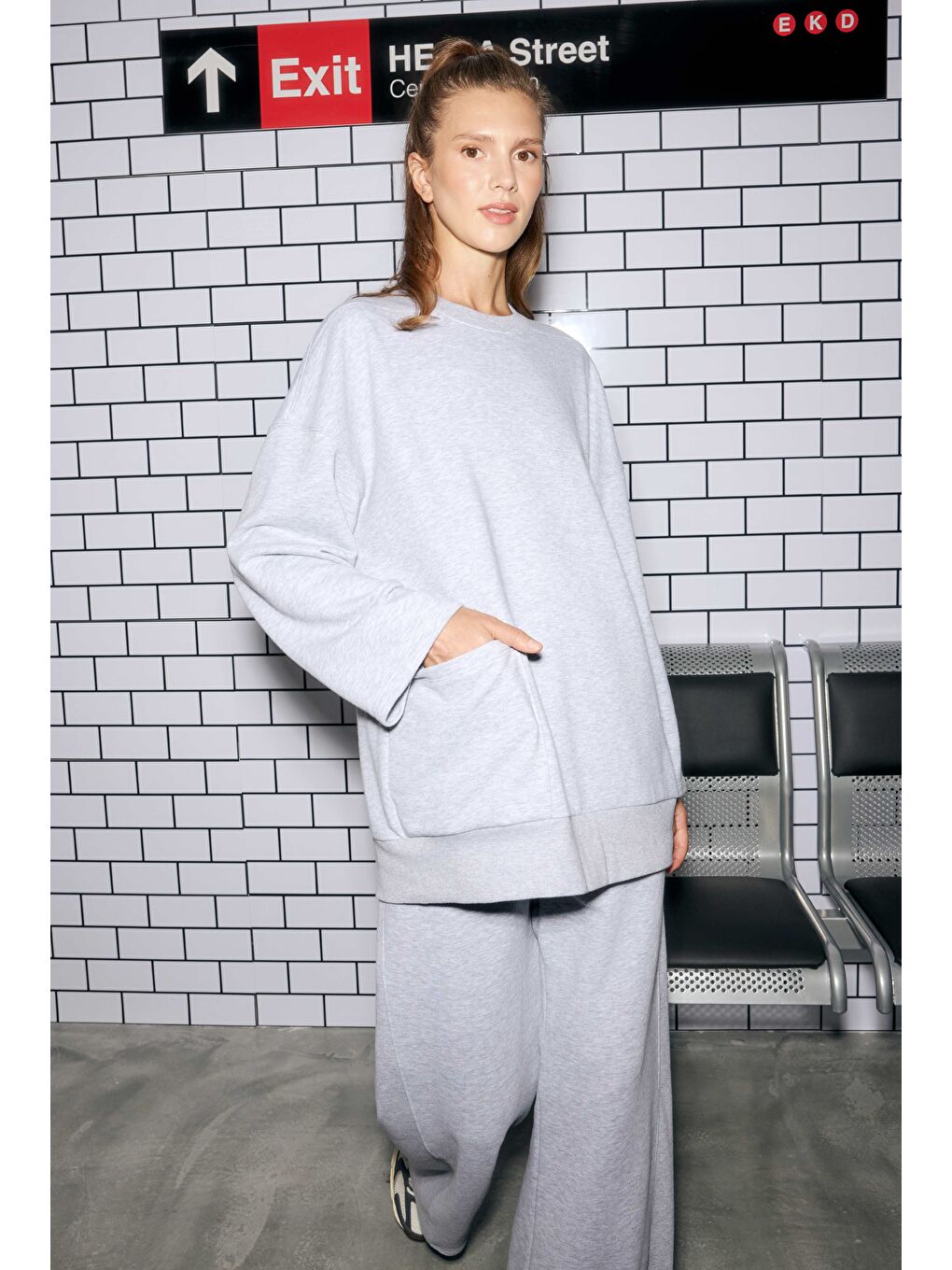 Ribanalı Rahat Kesim Sweatshirt Gri Melanj