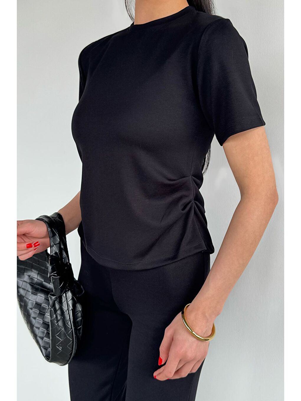 Siyah Kadın Yan Büzgülü Bluz Bol Paça Pantolon İkili Takım-3