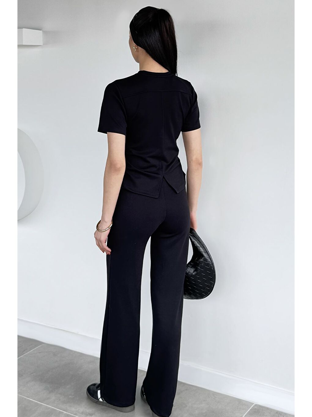 Siyah Kadın Yan Büzgülü Bluz Bol Paça Pantolon İkili Takım-4