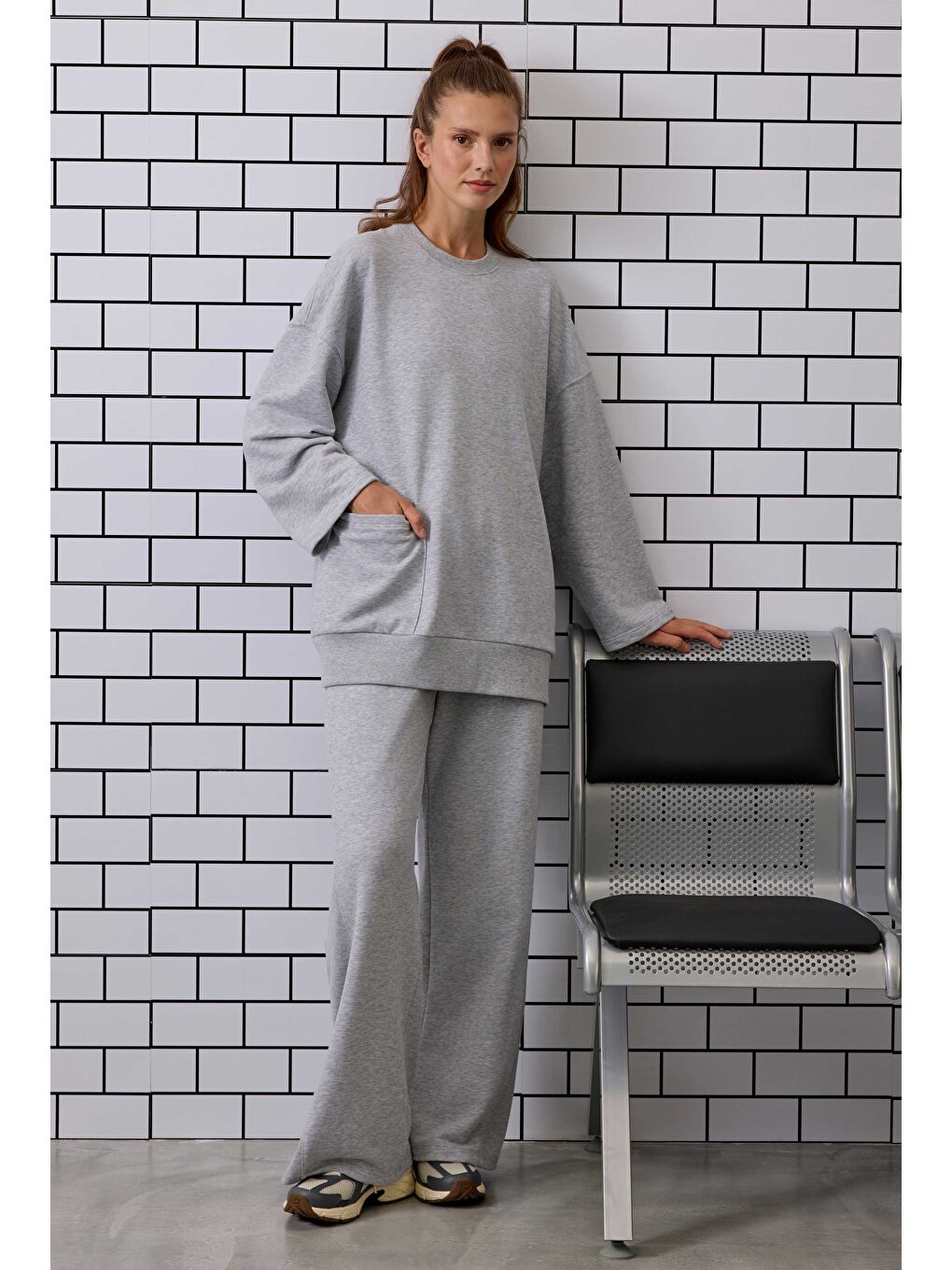 Ribanalı Rahat Kesim Sweatshirt Gri Melanj-1