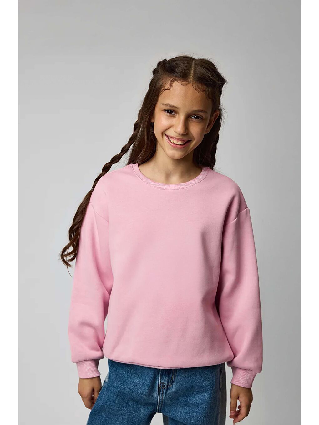 Luess Kız Çocuk Bisiklet Yaka Oversize Sweatshirt - Pembe (2-3 Yaş 7-8 Yaş)