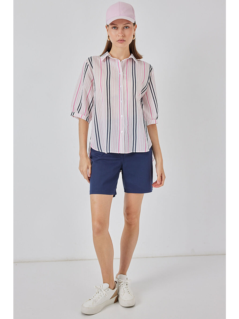 Kadın Çizgili Kısa Kol Gömlek 20345 - Pembe-1