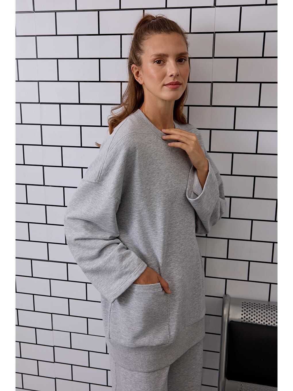 Ribanalı Rahat Kesim Sweatshirt Gri Melanj-2