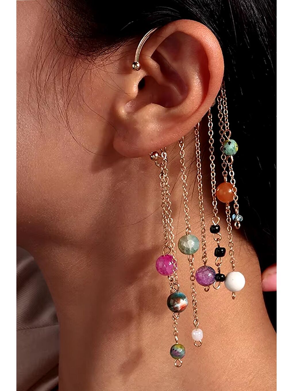 New Obsessions Gri Doğaltaş Detaylı Kulak Deliği Gerektirmeyen Altın Renkli Ear Cuff - Kıkırdak Küpesi - 1