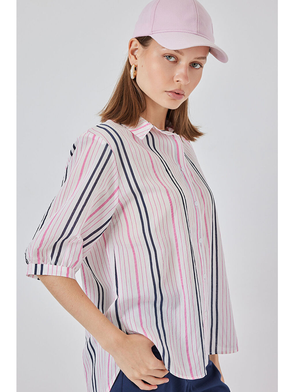 Kadın Çizgili Kısa Kol Gömlek 20345 - Pembe-2