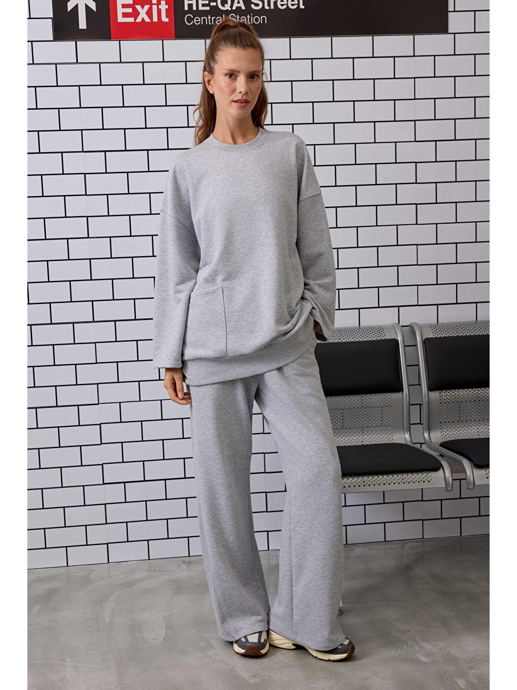 Ribanalı Rahat Kesim Sweatshirt Gri Melanj-3