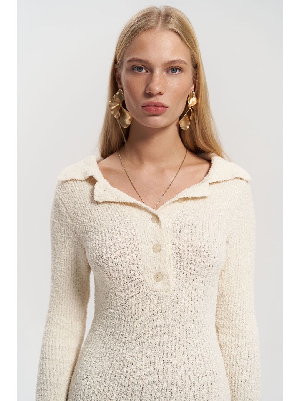 Puffer Düğme Detay Bej Uzun Triko Elbise-4