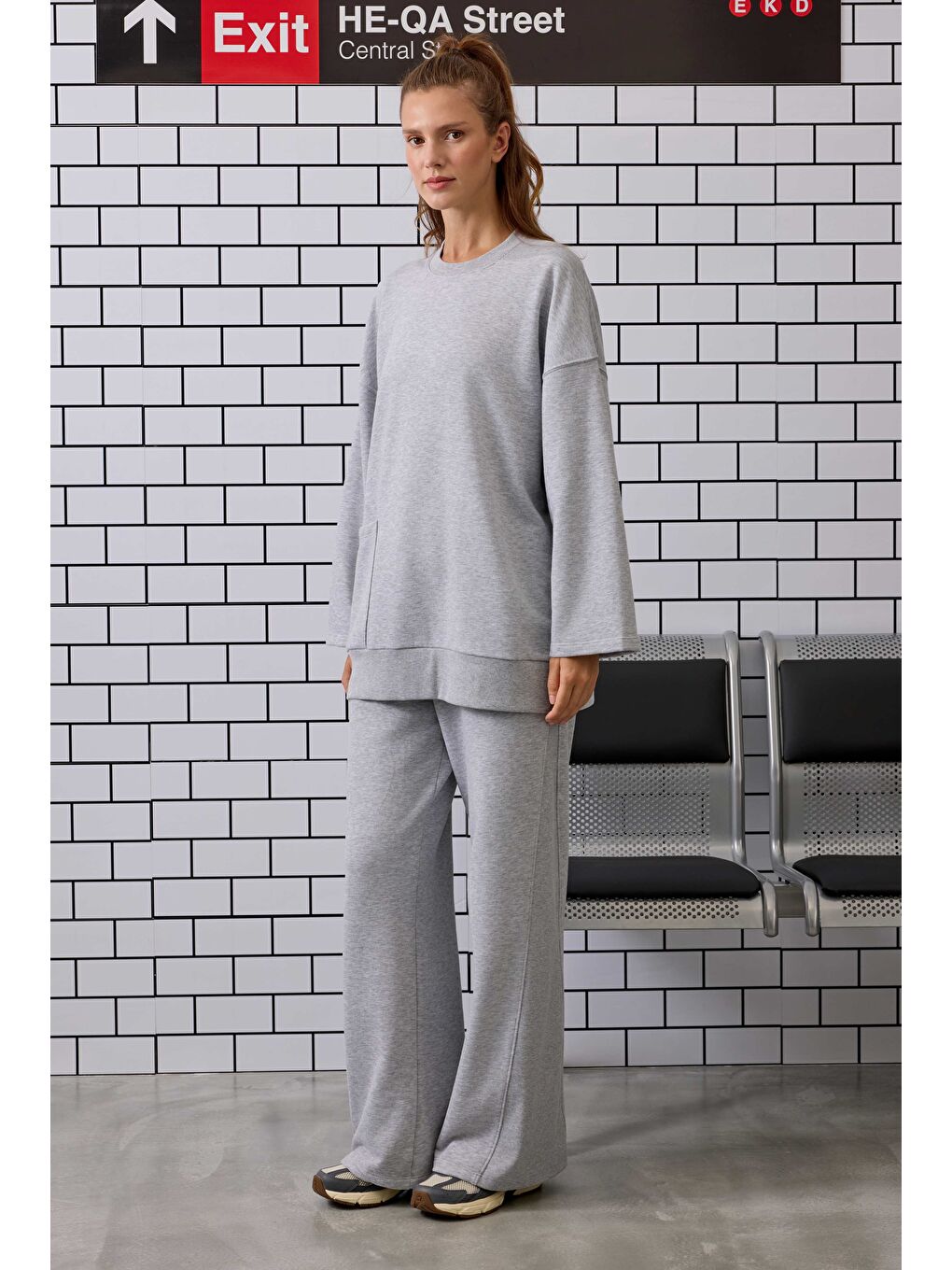 Ribanalı Rahat Kesim Sweatshirt Gri Melanj-4