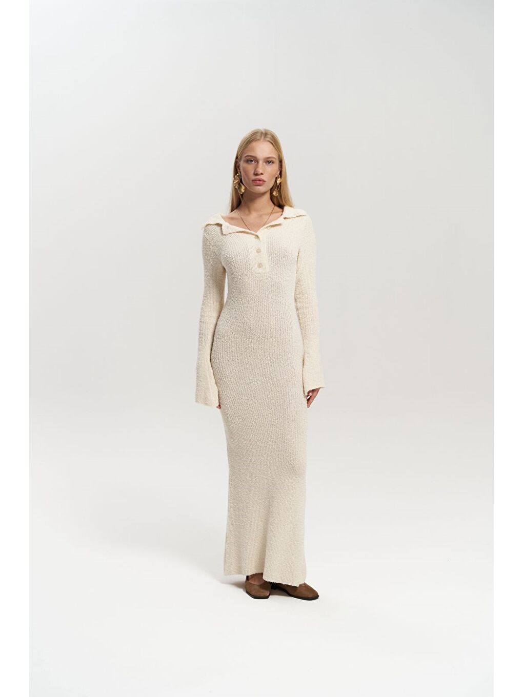 Puffer Düğme Detay Bej Uzun Triko Elbise-5