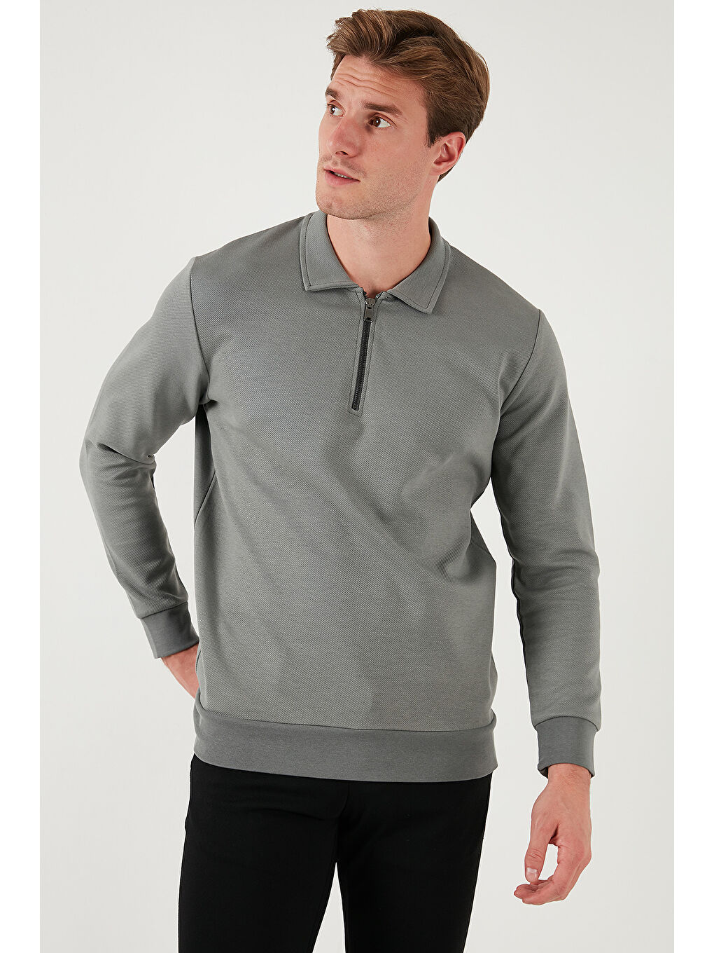 Buratti Açık Haki Pamuklu Regular Fit Yarım Fermuarlı Polo Yaka Erkek Sweat 5905789 - 5