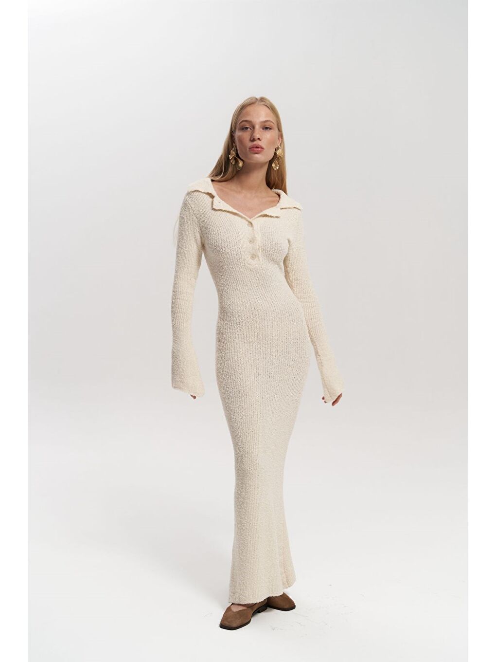 Puffer Düğme Detay Bej Uzun Triko Elbise-6