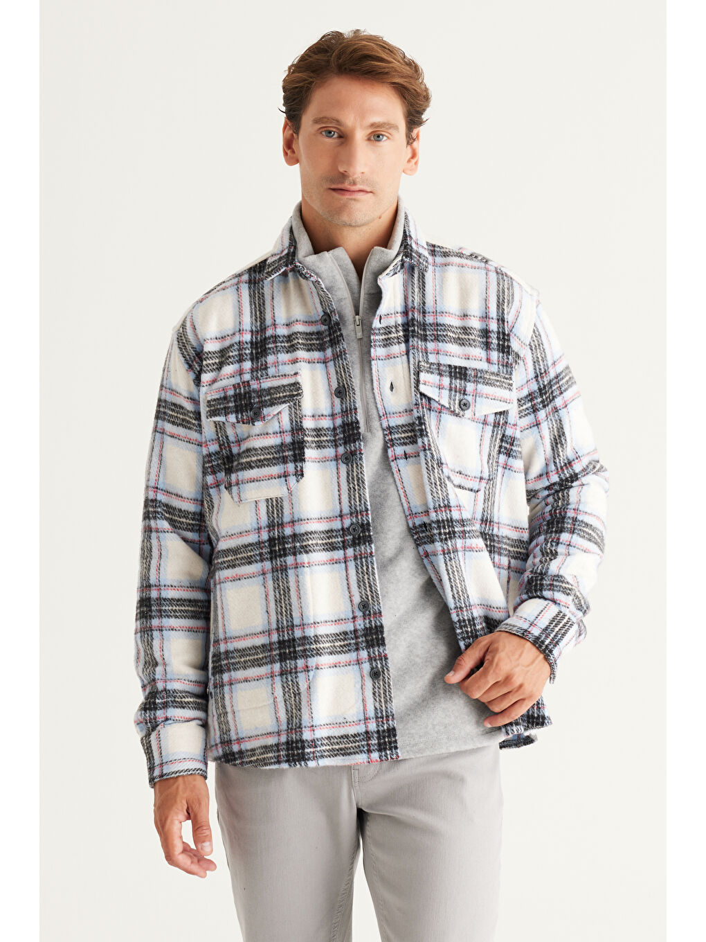 Erkek Ekru-Mavi Oversize Fit Geniş Kesim Düğmeli Yaka Cepli Ekose Desenli Oduncu Gömlek Ceket