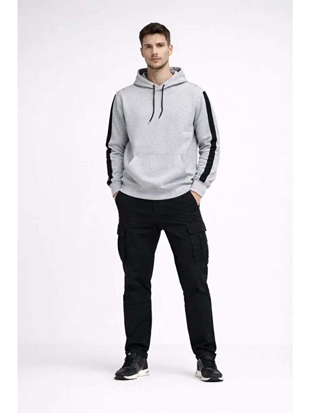 Erkek Şeritli Kapüşonlu Sweatshirt Oversize 3 Iplik Pamuklu - Beyaz-1