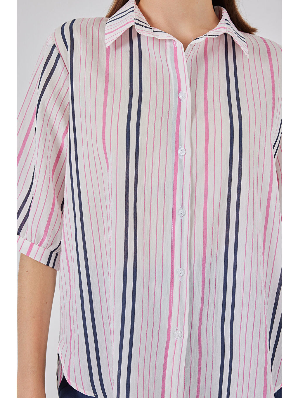 Kadın Çizgili Kısa Kol Gömlek 20345 - Pembe-4